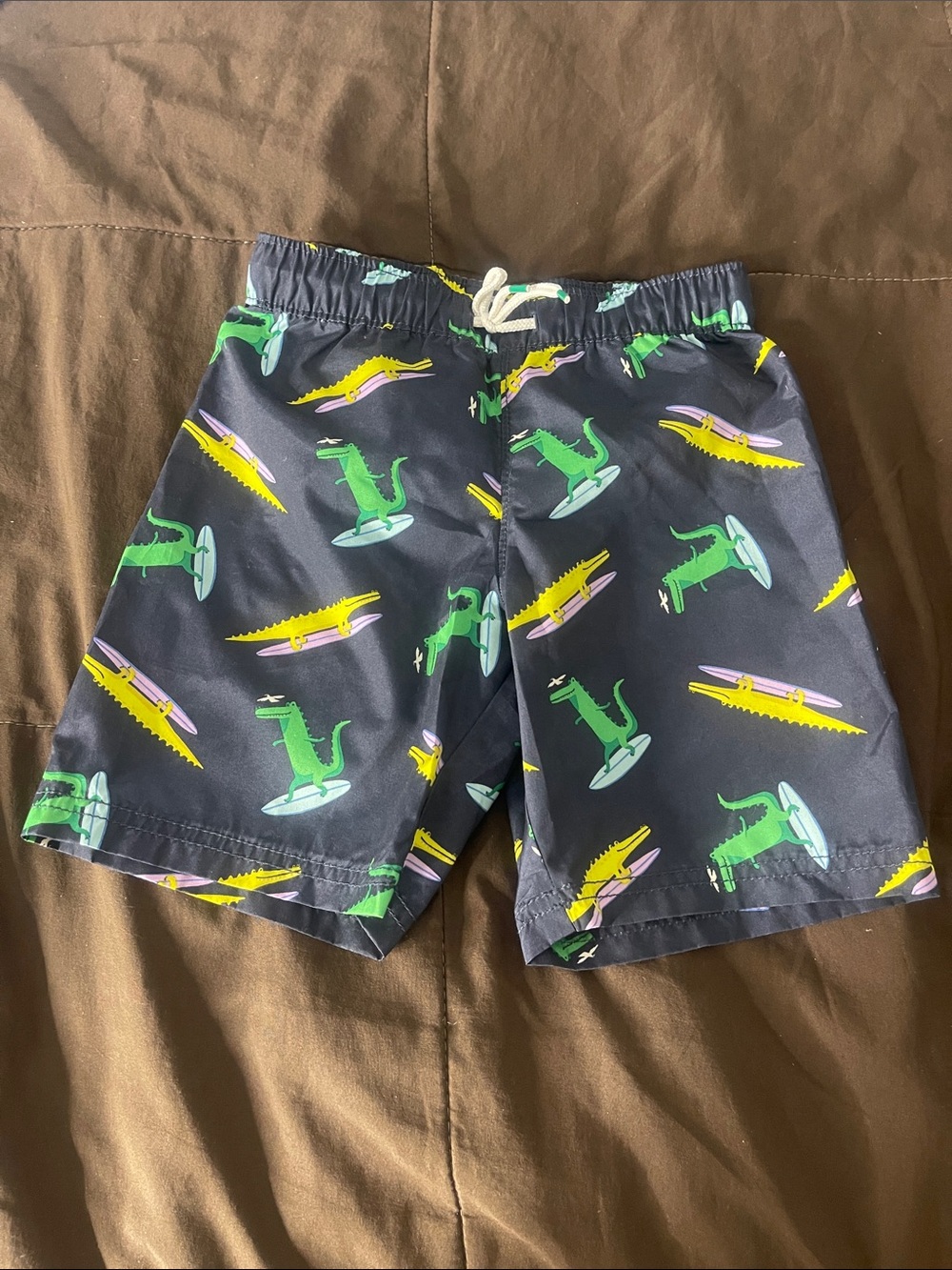 Old Navy Navy Swim Trunks with Green & Yellow Surfing Crocodile Print